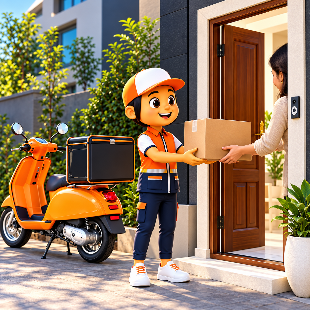 A courier collects a parcel at a doorstep beside an orange delivery scooter